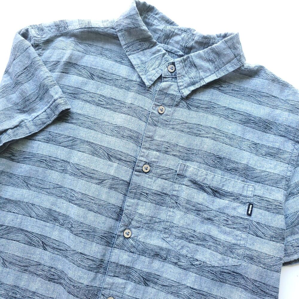 Tentree Button Up Shirt Mens M Blue Stripe Wood Pattern Hemp TENCEL Outdoor